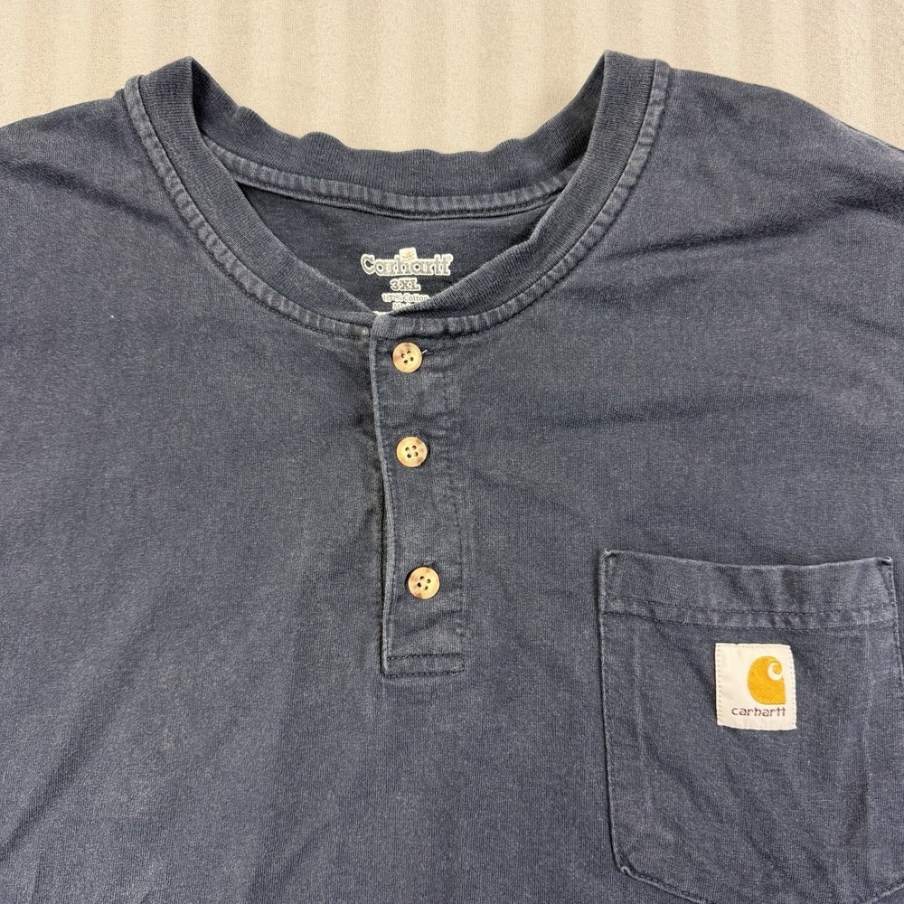Carhartt Blue Loose Fit Short Sleeve Henley T-Shirt Pocket Size 3XL - Picture 2 of 4